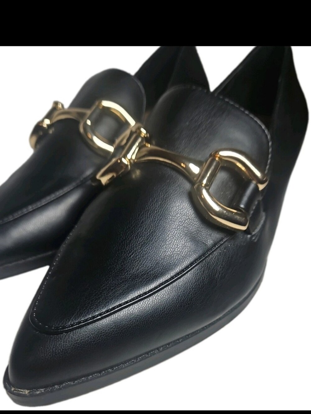 Steven New York Blk Pointed Toe Loafer Gold Horsebit Hardware Flat Work 7.5M [8D